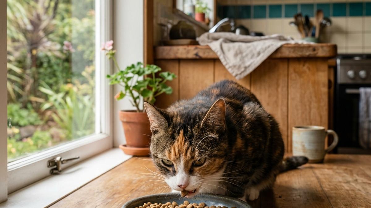 A cat eating dry food from a ceramic bowl in a warm Kiwi kitchen next to a window