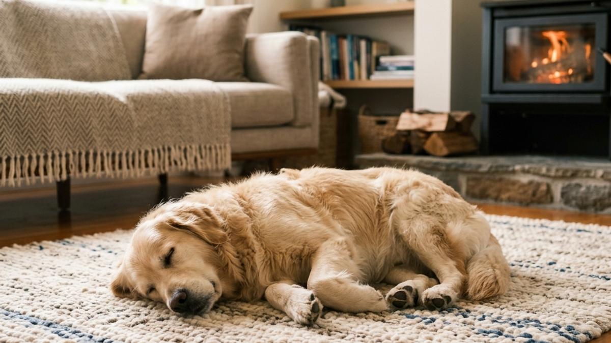 A happy dog sleeping cozy and dreaming on a rug near a fireplace in a New Zealand home