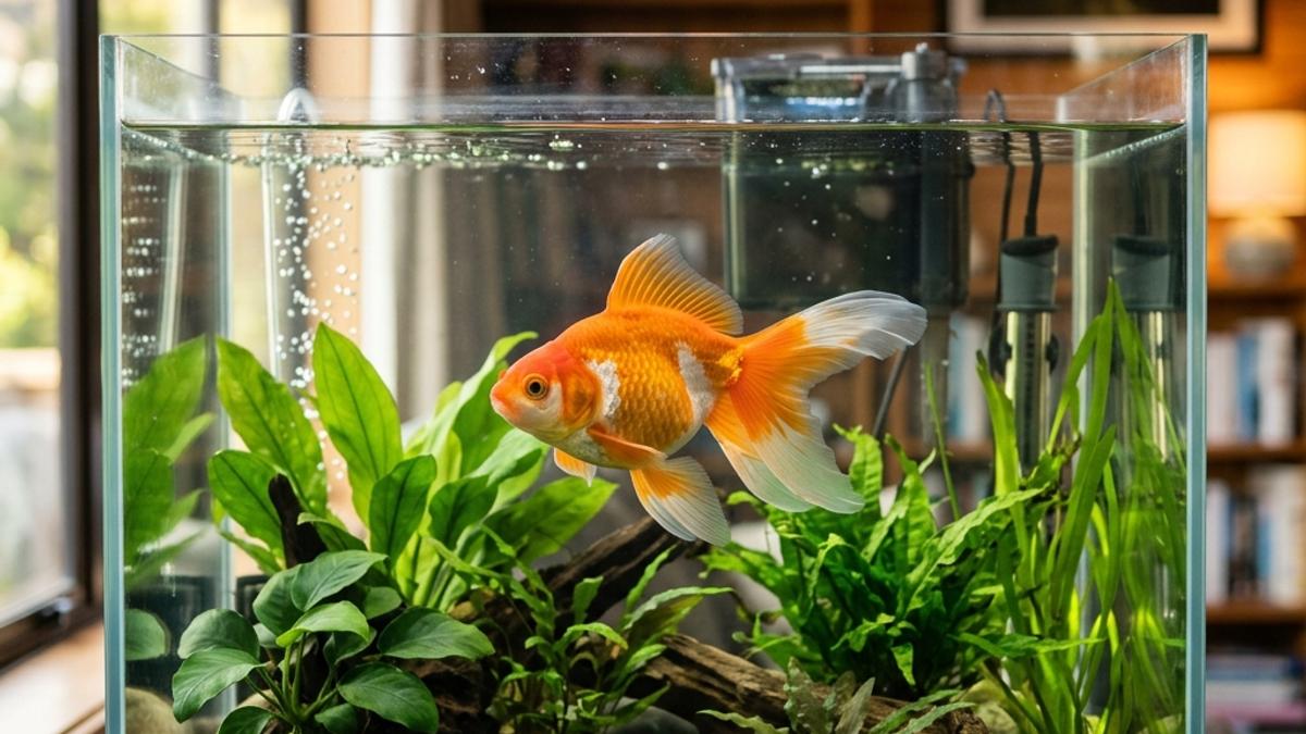 A healthy goldfish swimming in a clean freshwater aquarium in a New Zealand home