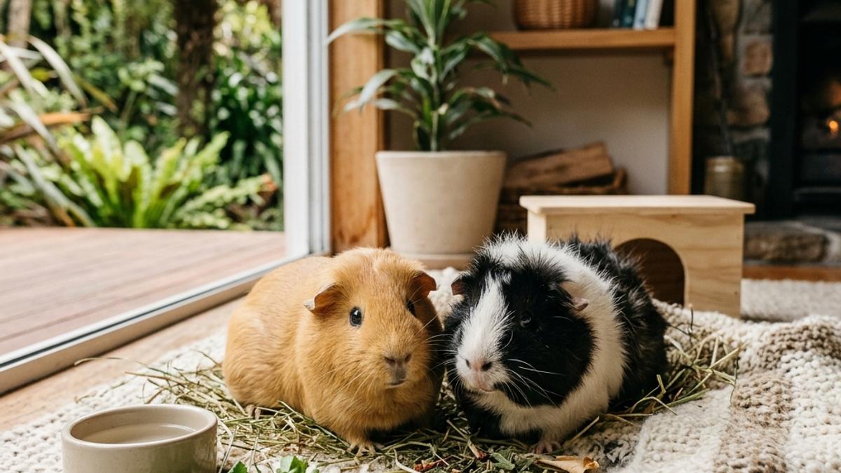 Two happy guinea pigs side by side inside a New Zealand home setting with food