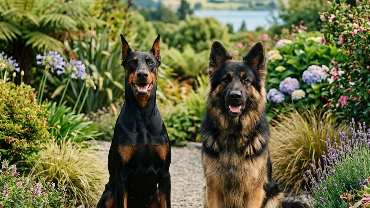 A happy Doberman Pinscher and a German Shepherd side by side in a New Zealand garden path