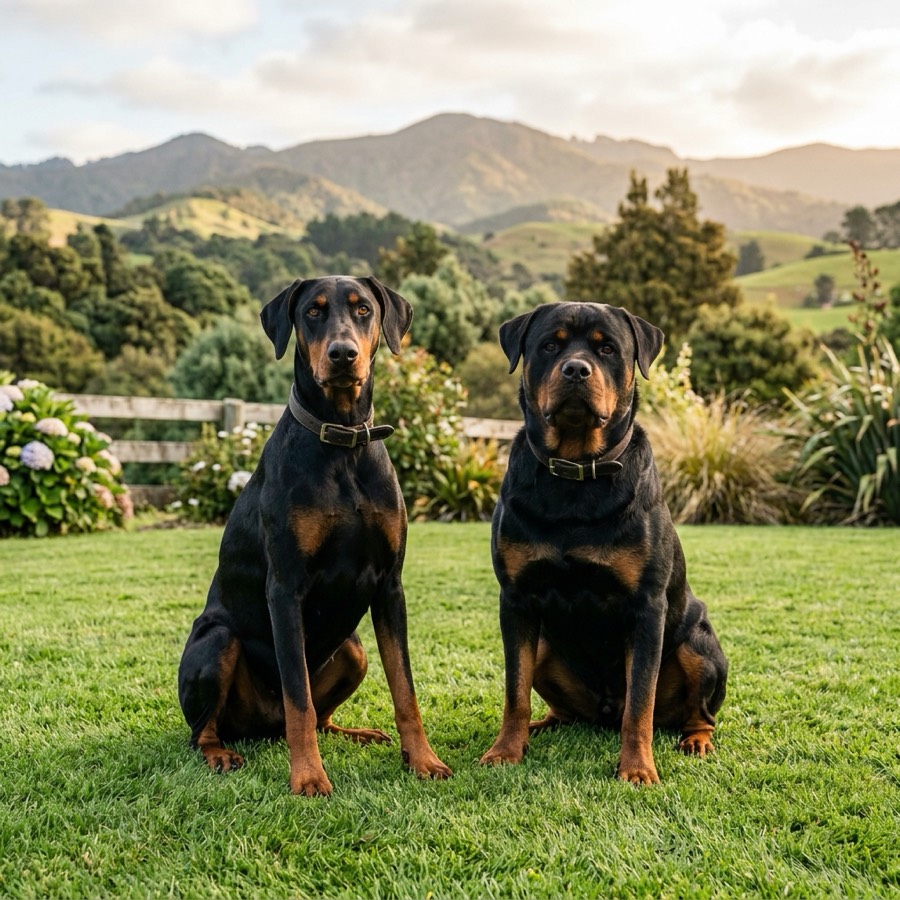 A handsome Doberman and a strong Rottweiler sitting friendly next to each other on green grass in New Zealand