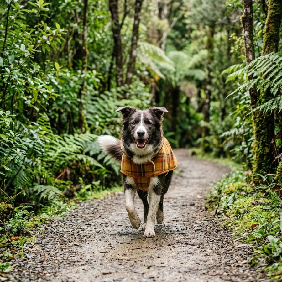 A happy dog wearing a cozy check winter coat running on a path in a New Zealand rain forest