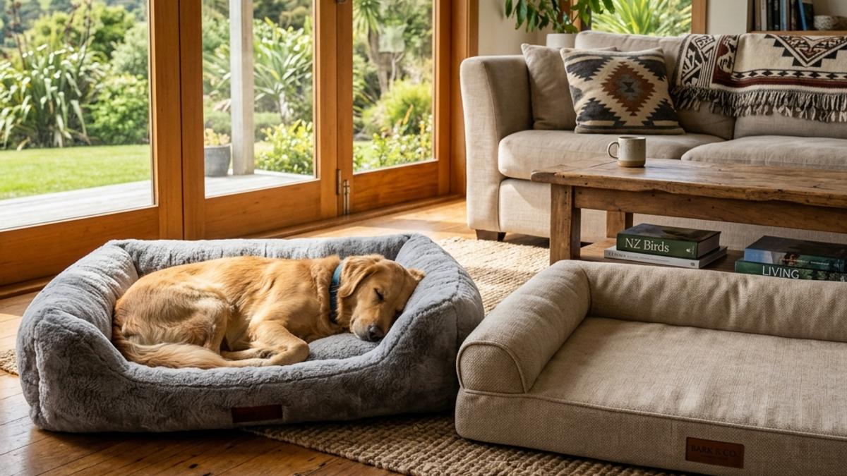 A comparison shot of a grey bolster dog bed and orthopedic flat mat in a sunny living room