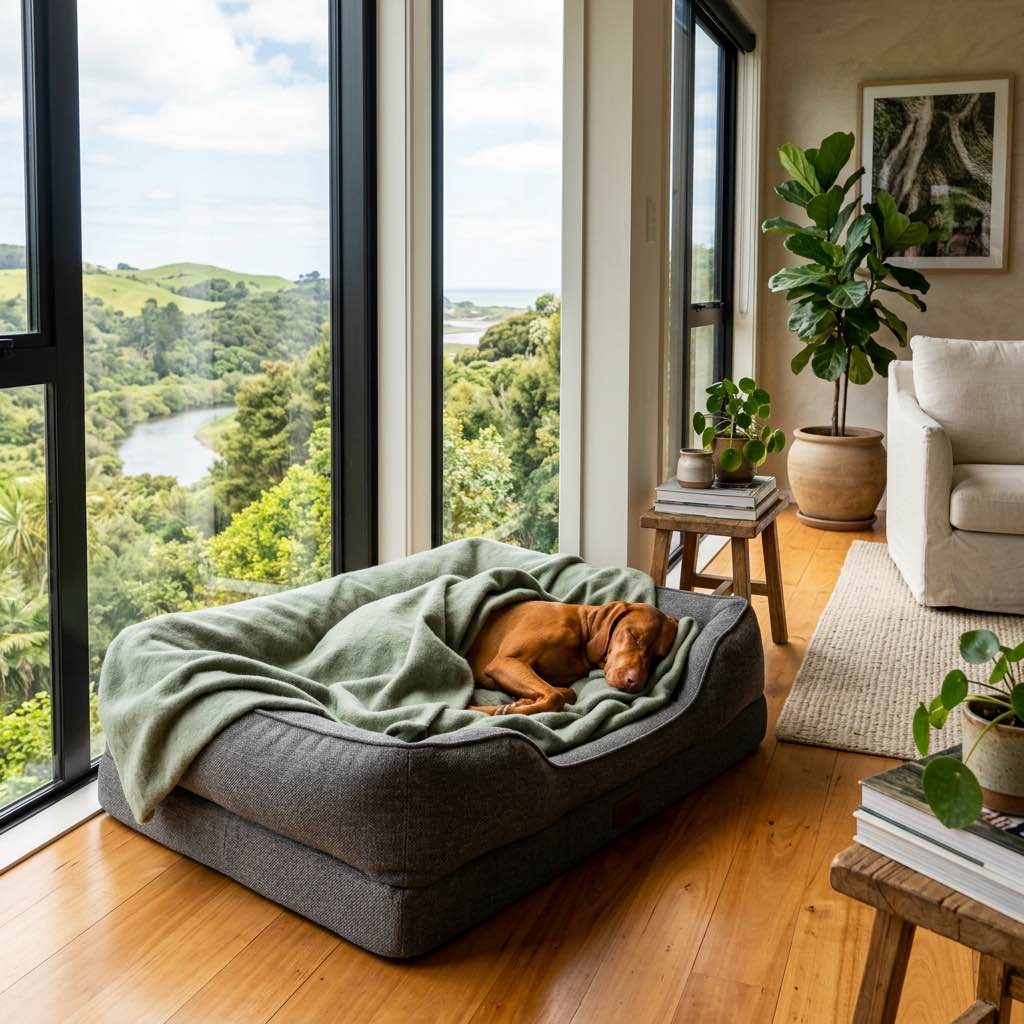 A beautiful thick orthopedic dog bed in a sunlit corner of a modern living room