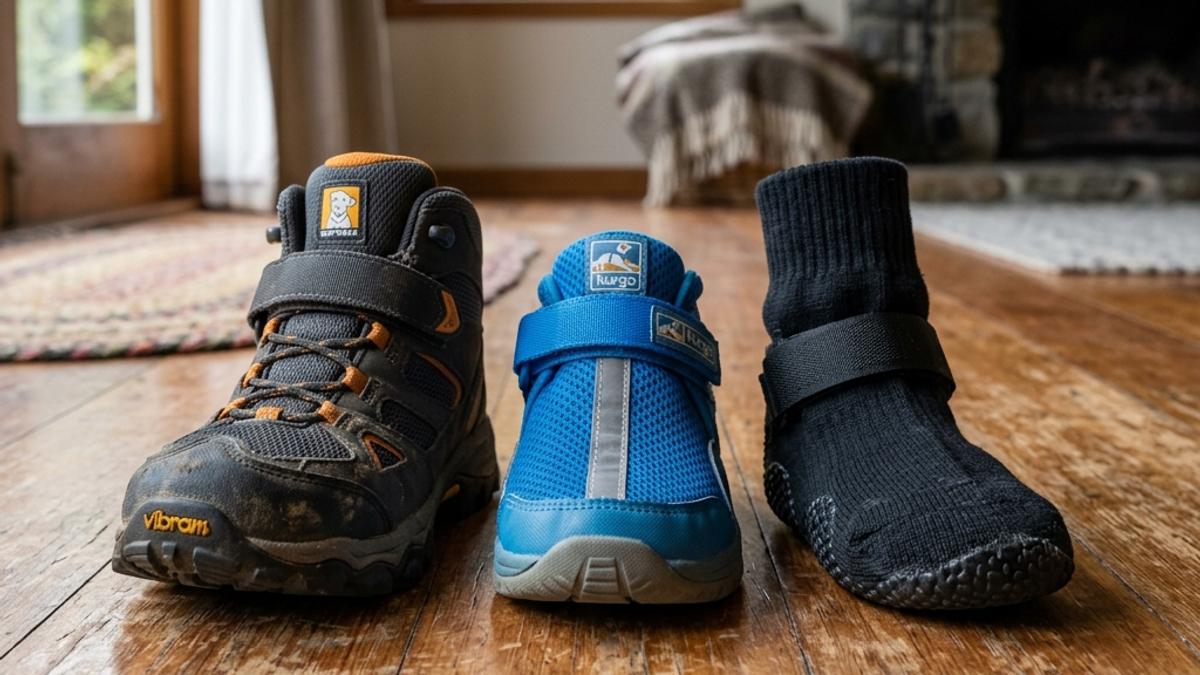 Three types of dog boots aligned on a wooden floor in a living room