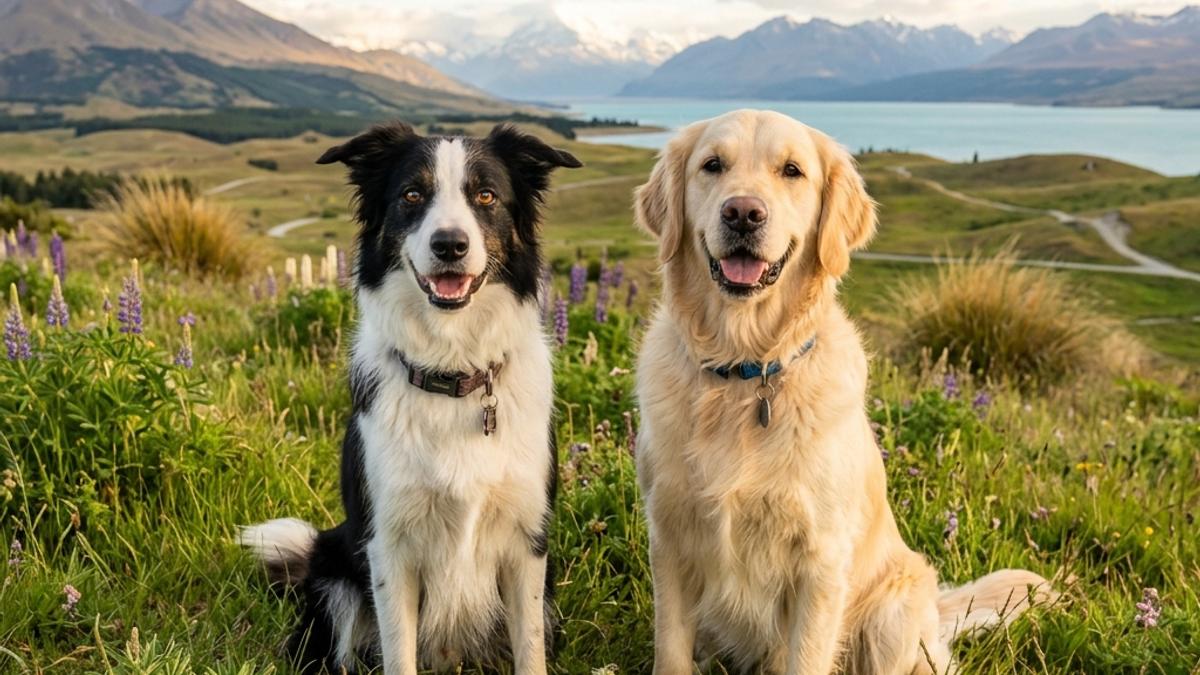 A border collie and a golden retriever sitting side by side on a grassy hill in New Zealand with lake views