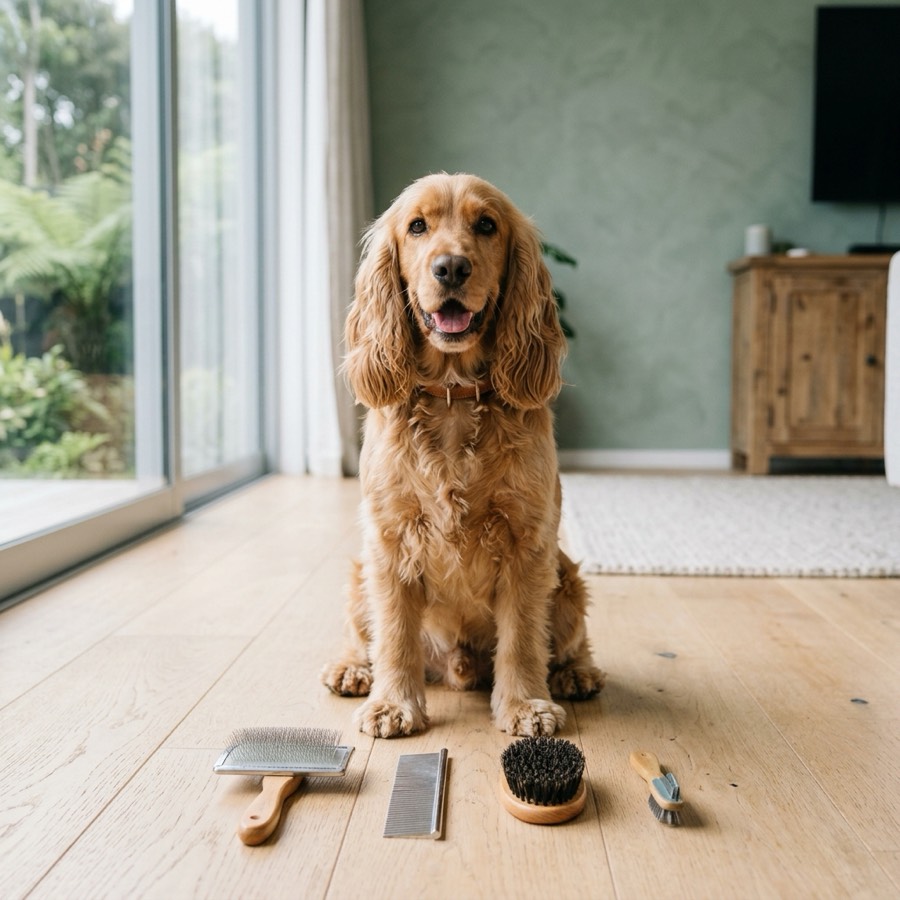 A friendly Cocker Spaniel sitting next to slicker, steel comb, and bristle grooming brushes on a wooden floor