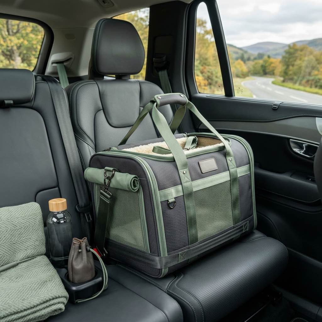 A premium modern pet carrier bag placed neatly in the backseat of a clean car ready for a road trip