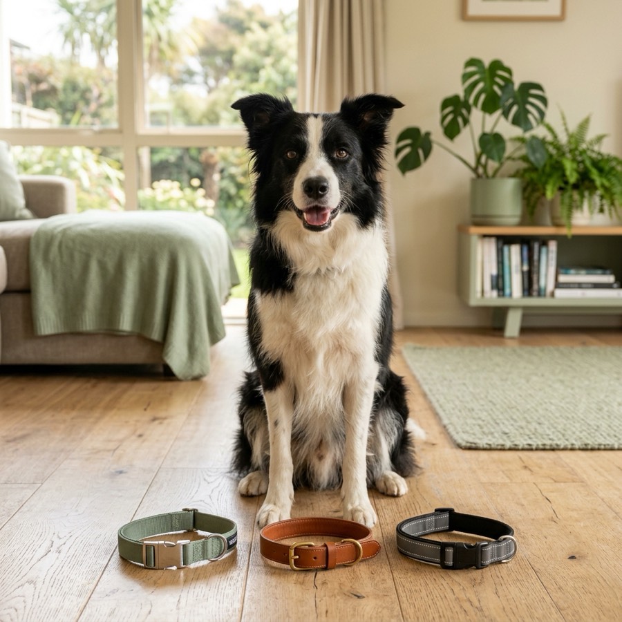 A handsome Border Collie sitting near nylon, leather, and reflective dog collars neatly laid out