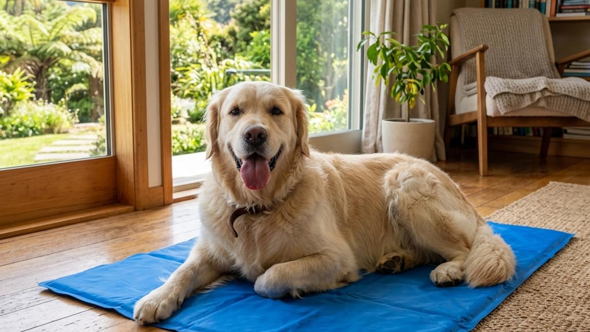 A golden retriever lying down relaxed on a bright blue gel cooling mat inside a New Zealand living room in summer