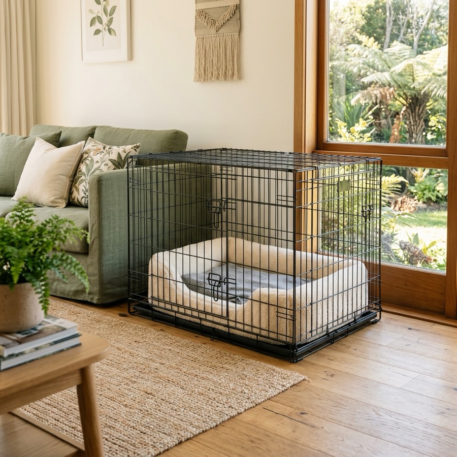 A modern black wire dog crate with a soft bed inside sitting in a bright cozy living room