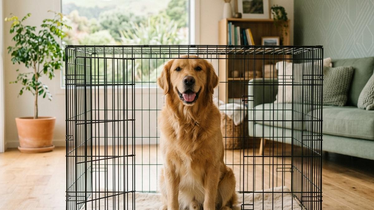 A happy Golden Retriever sitting inside a spacious, open wire dog crate in a bright, modern New Zealand living room