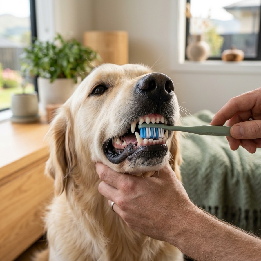 A close-up of a dog's teeth being brushed gently with a soft pet toothbrush in a New Zealand home