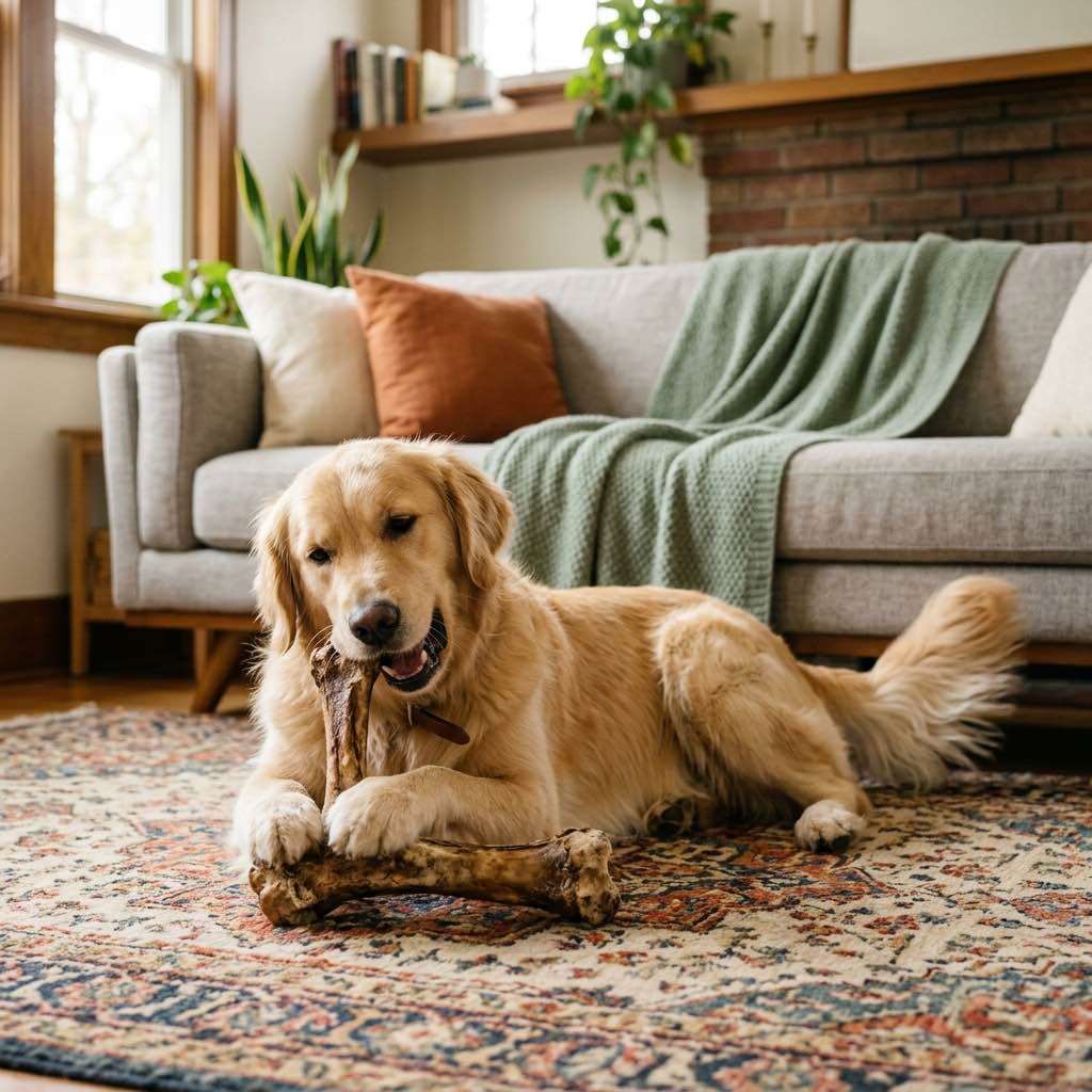 A happy dog holding a large natural dental chew bone in its paws