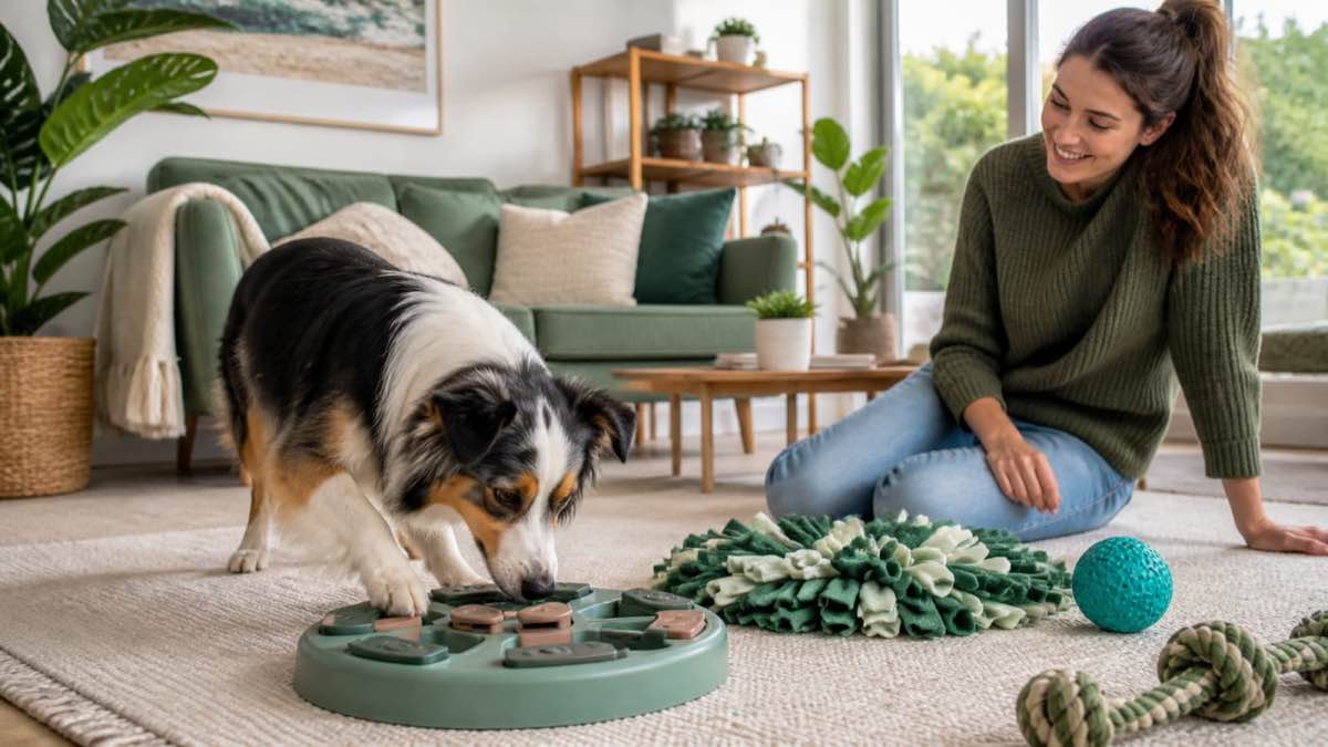 A dog using an enrichment puzzle toy with a person observing nearby
