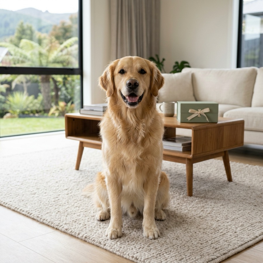 A happy healthy golden retriever sitting on a soft rug in a modern New Zealand living room