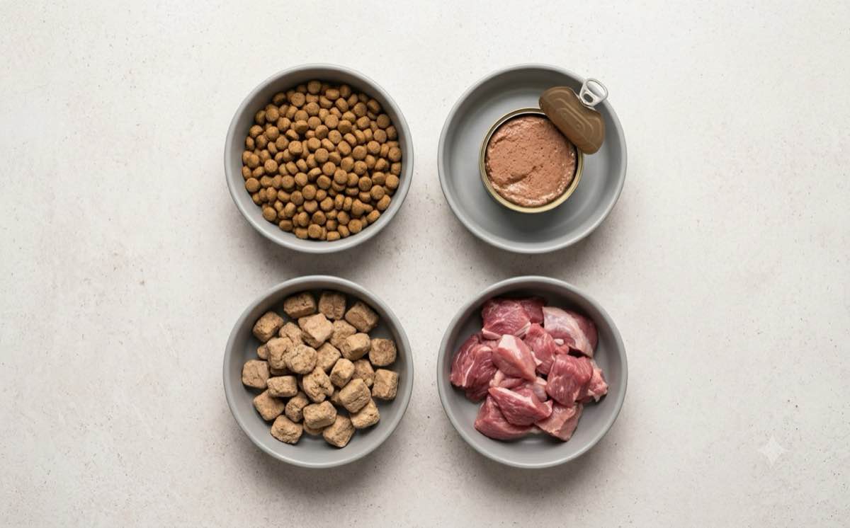 Four bowls showing dry kibble, wet food, freeze-dried and raw dog food