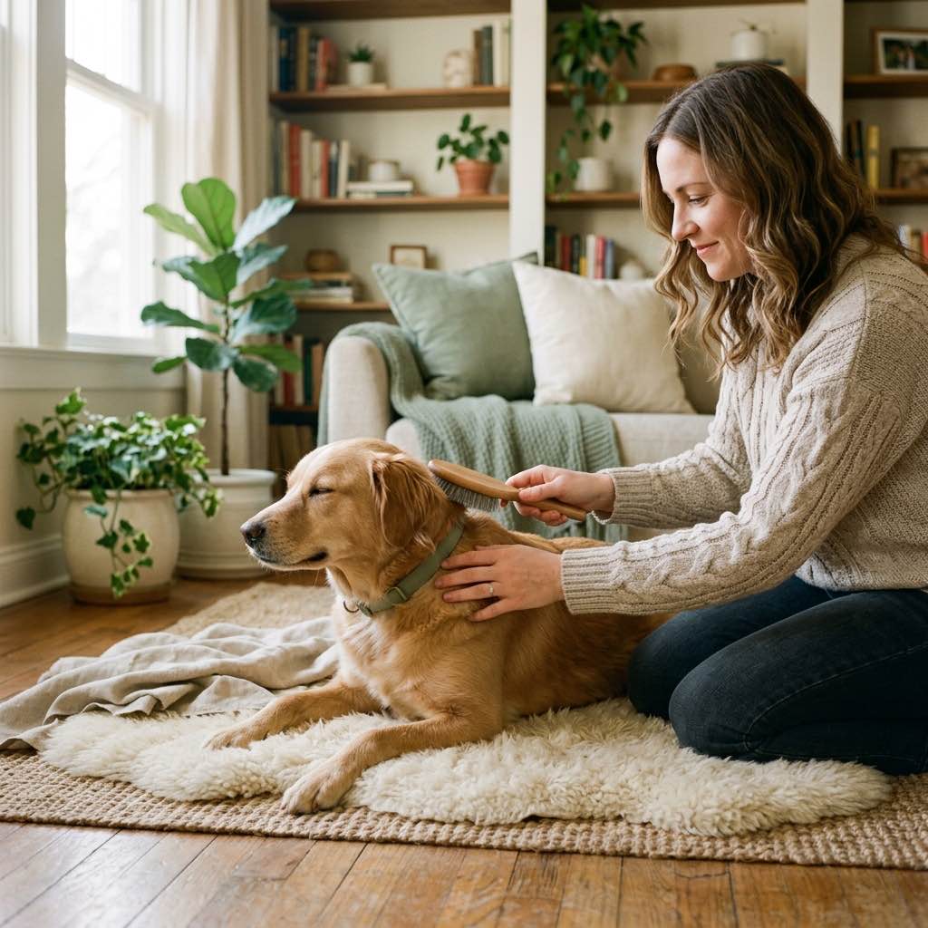 A dog being gently brushed on a cozy living room floor