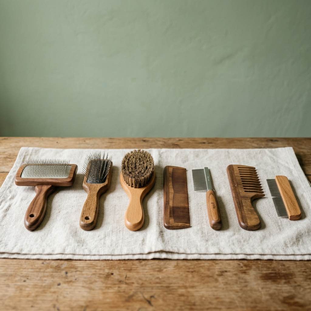 A neat arrangement of various high-quality wooden dog grooming brushes and combs