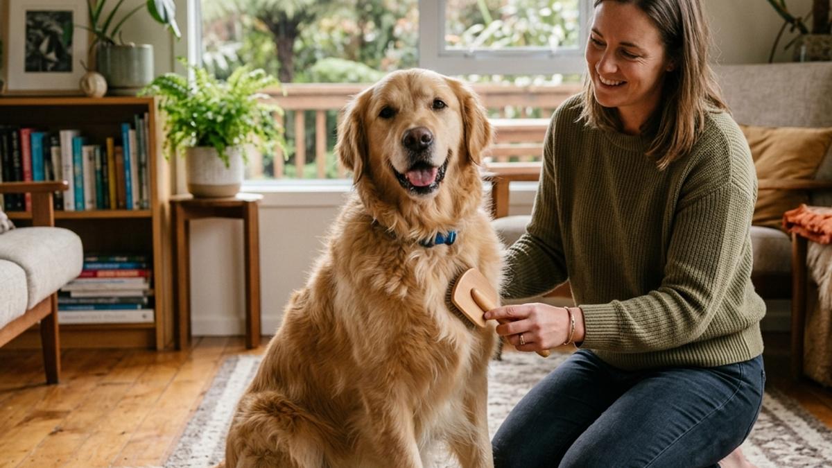 A woman kneeling and brushing her happy golden retriever dog with a wooden slicker brush in a sunlit room