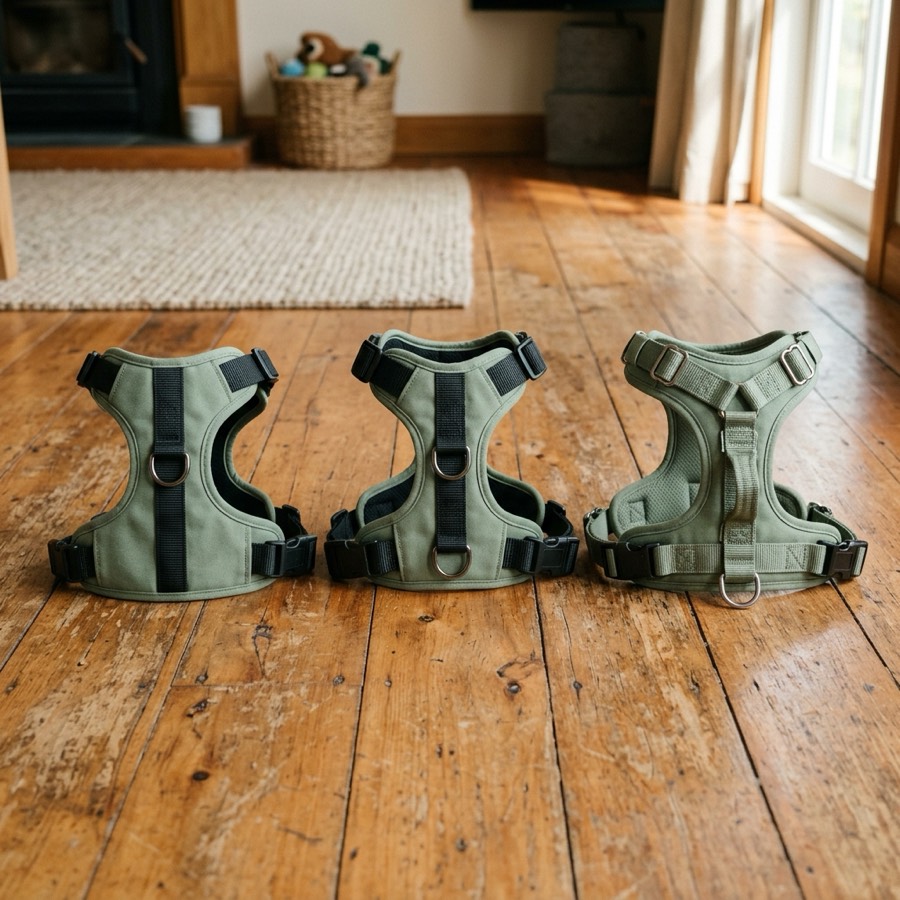 Three different styles of sage green dog harnesses laid out side-by-side on a wooden floor