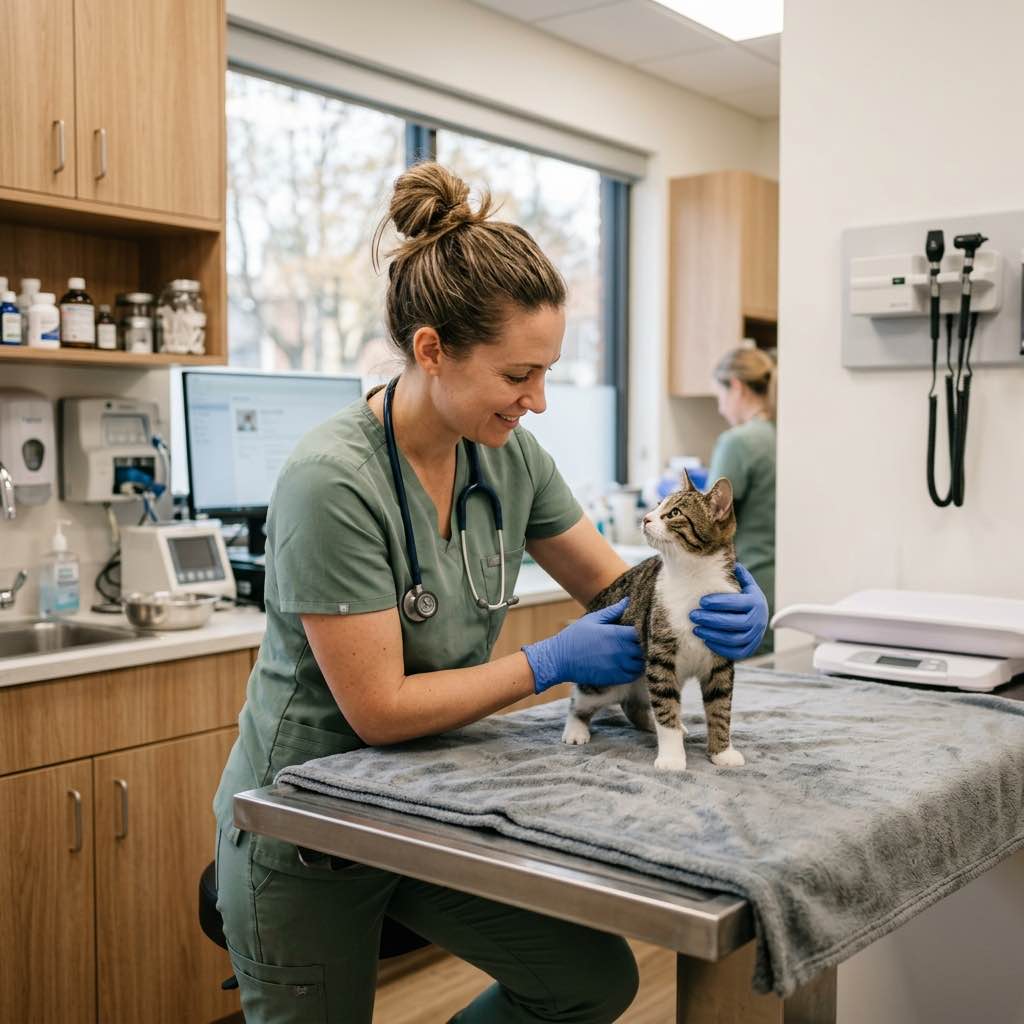 A calm veterinarian gently examining a small cat in a modern clean vet clinic