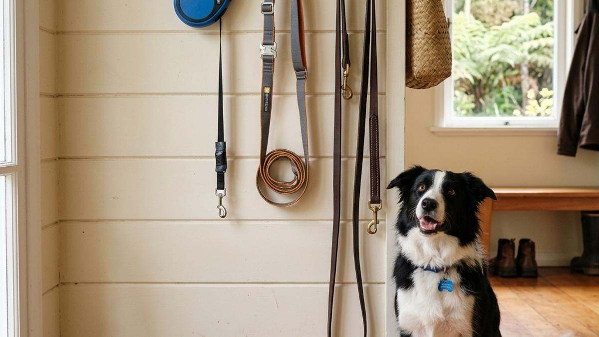 A comparison shot of three types of dog leads retractable, hands-free, and standard leather hanging on wall next to a sitting border collie