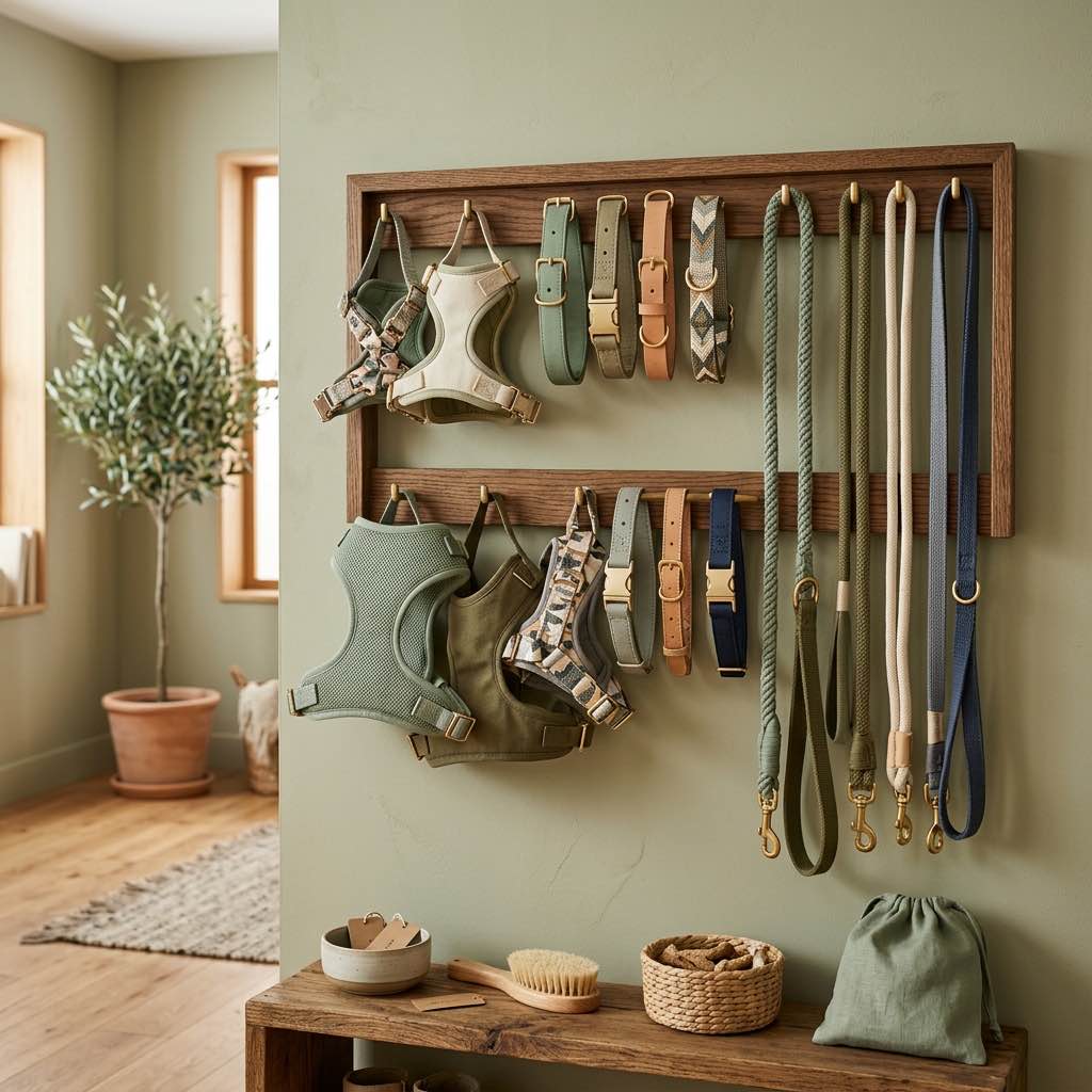 A neatly organized rack displaying various high-quality dog harnesses collars and leashes