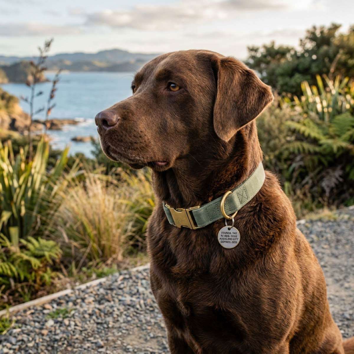 A close-up of a dog's neck with a modern collar and a small New Zealand council tag, sitting patiently outdoors