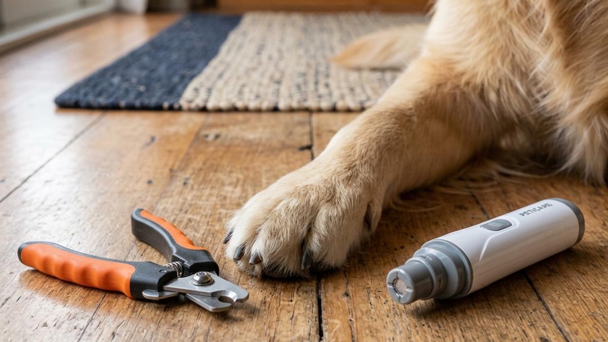 A dog's paw resting on wooden floor boards next to a pair of orange clippers and a white electric nail grinder