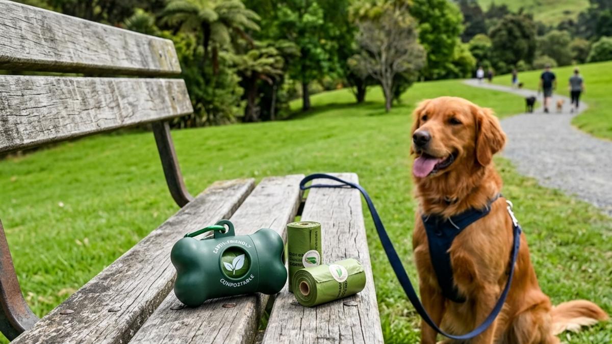 Compostable dog poop bags rolls and bone-shaped dispenser on park bench next to a golden retriever