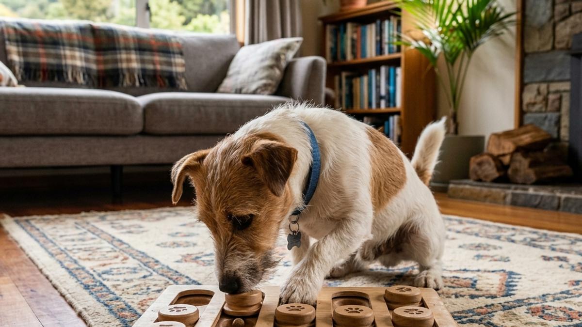 A Jack Russell terrier using its nose to slide wooden pegs on a dog puzzle board to find treats