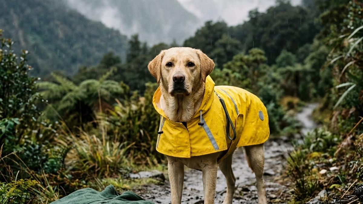 A Labrador dog wearing a bright yellow waterproof raincoat standing in outdoor rainy mountains with fleece jacket aside