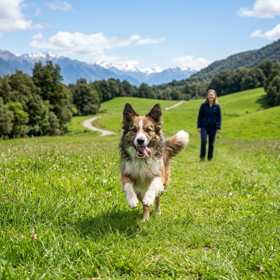 A dog running happily during recall training in a wide green New Zealand park