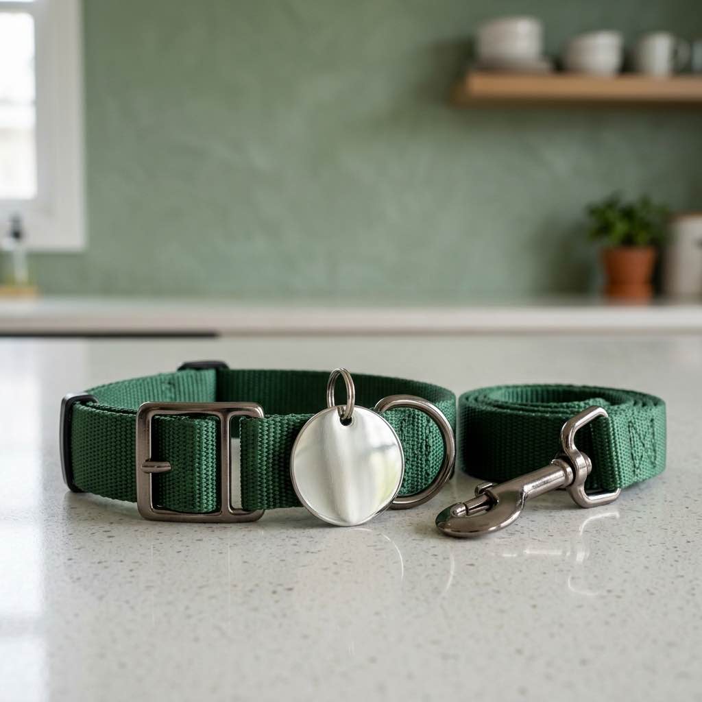 A dog collar with a generic shiny metal council registration tag resting on a clean kitchen counter