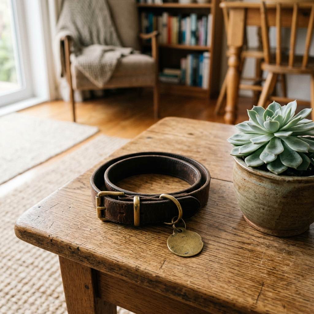 A dog's collar with a classic council registration tag sitting on a wooden table