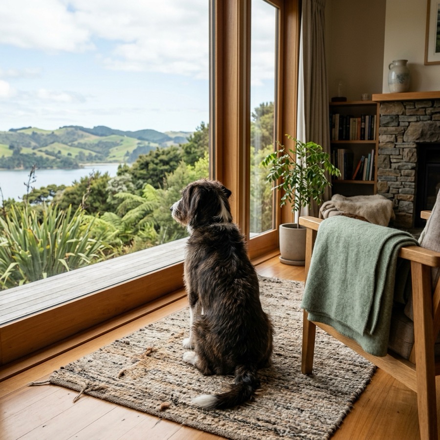 A calm mixed-breed dog sitting near a large window in a warm New Zealand home, looking outdoors
