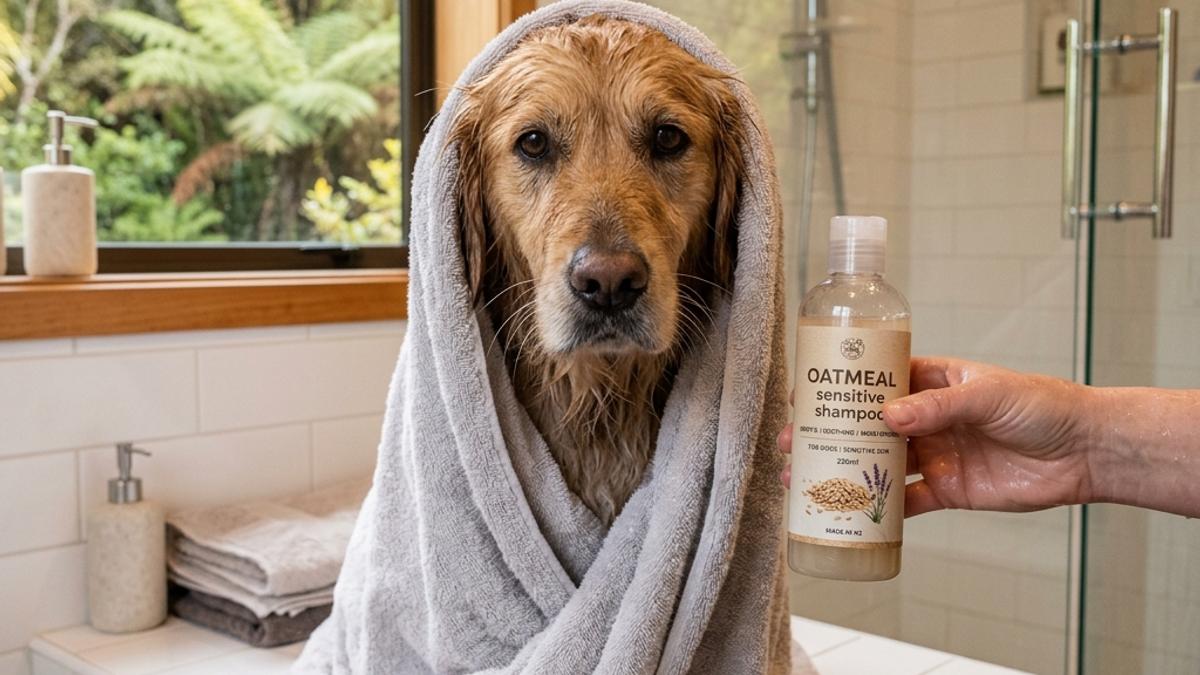 A fluffy golden retriever dog wrapped in a light grey towel after a bath with organic sensitive oatmeal shampoo bottle