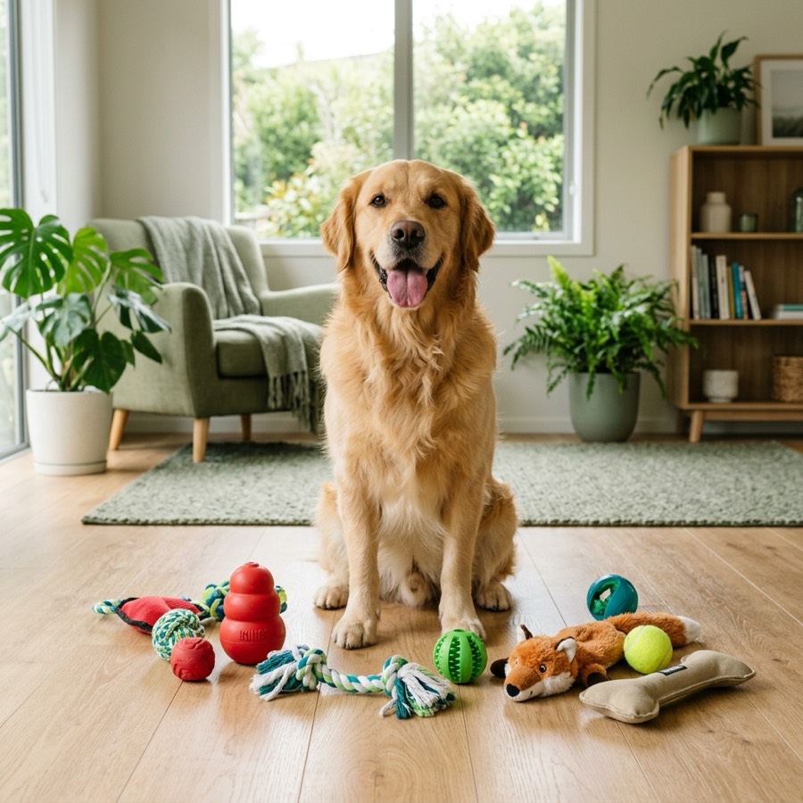 A happy golden retriever sitting on a wooden floor surrounded by rubber, rope, and ball chew toys