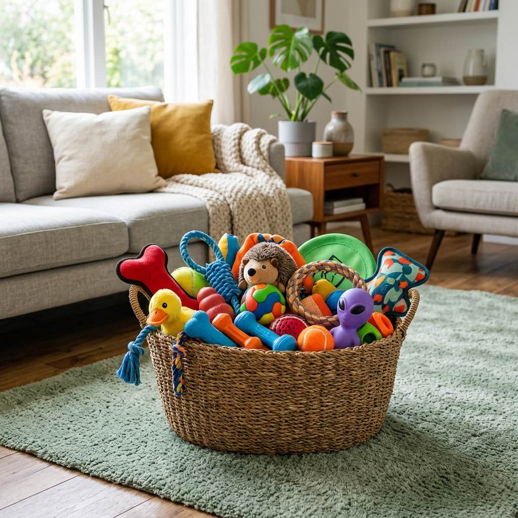 A basket overflowing with high-quality colorful dog toys in a modern living space