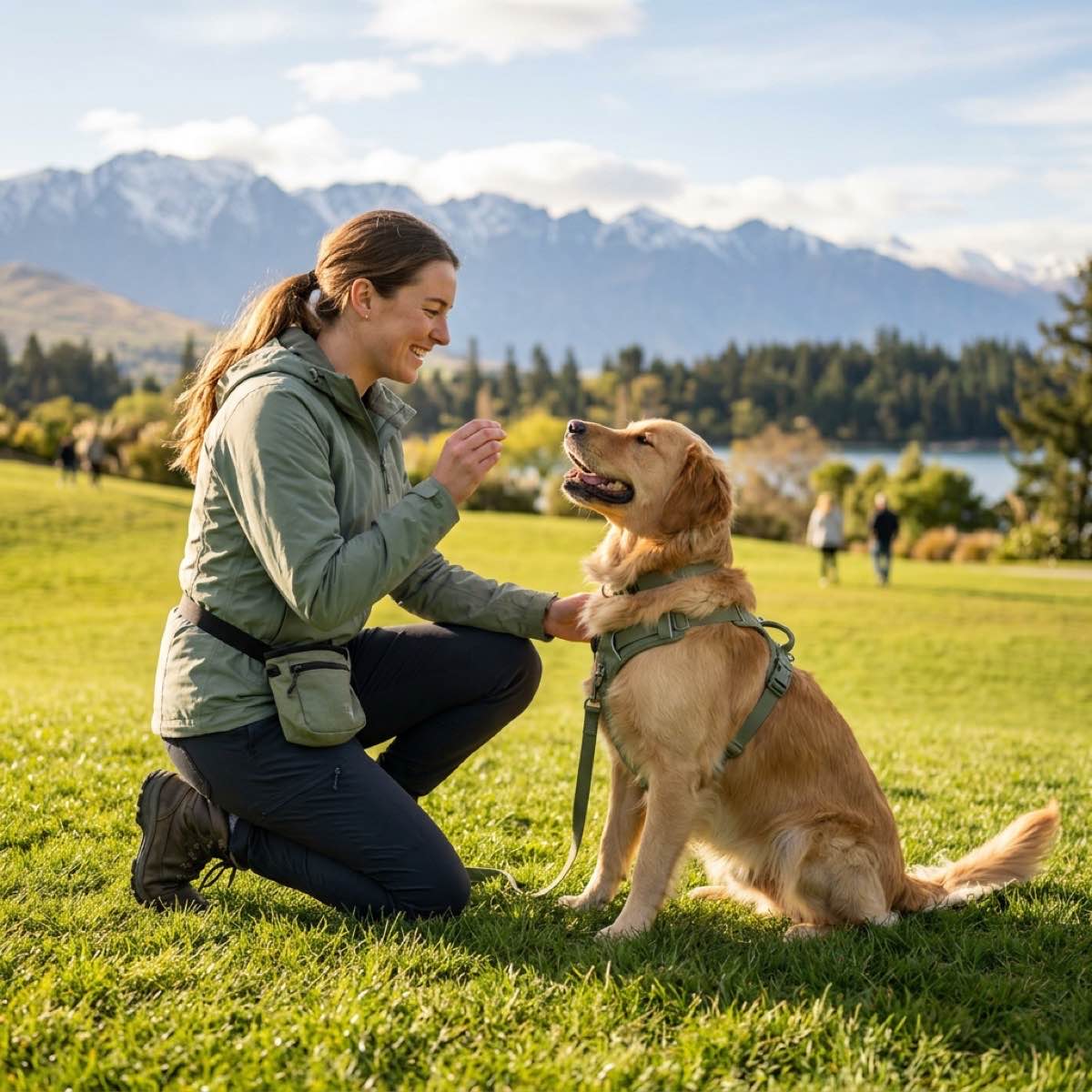 A dog and its owner engaging in positive reinforcement training in a sunny New Zealand park
