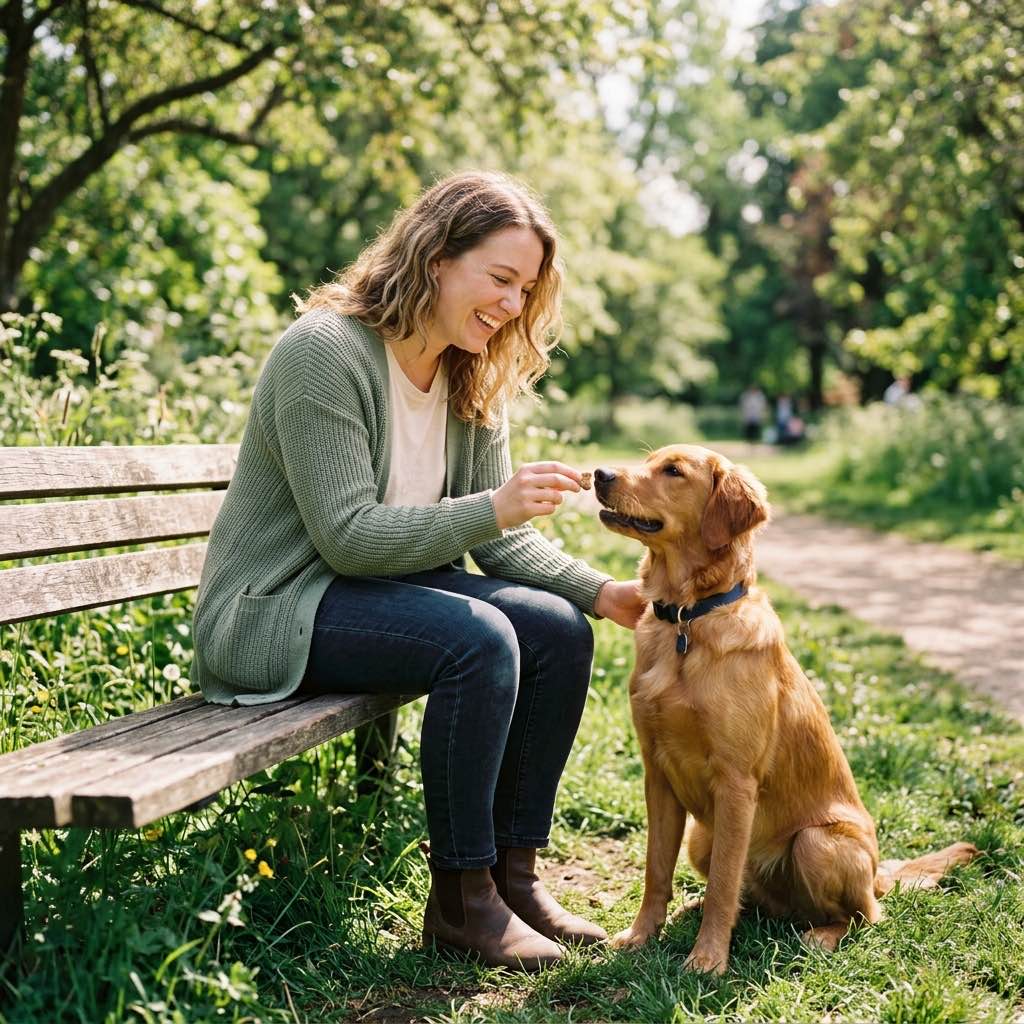 A person sitting outdoors in a sunny park gently rewarding an attentive dog with a treat