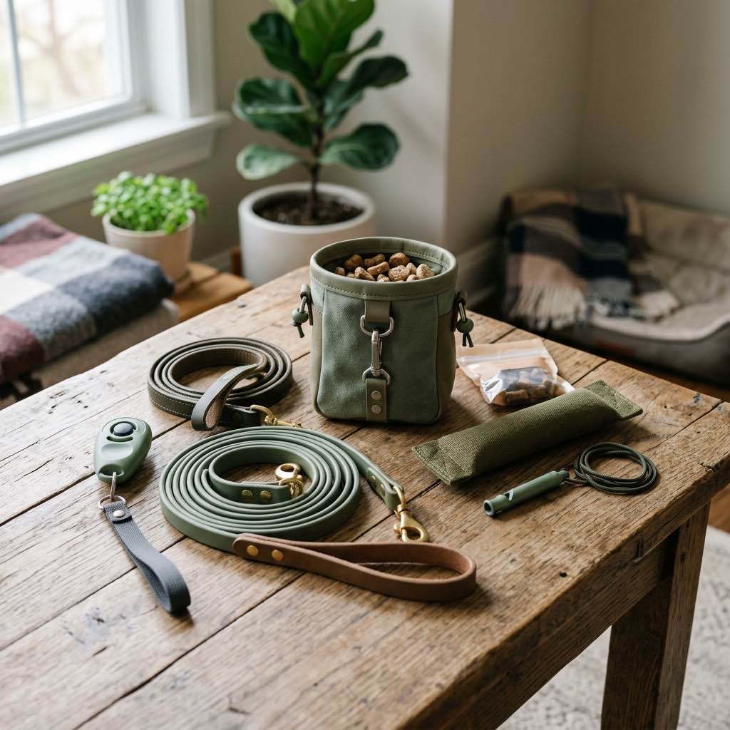 A neat arrangement of modern dog training tools like a clicker treat pouch and long line on a wooden table