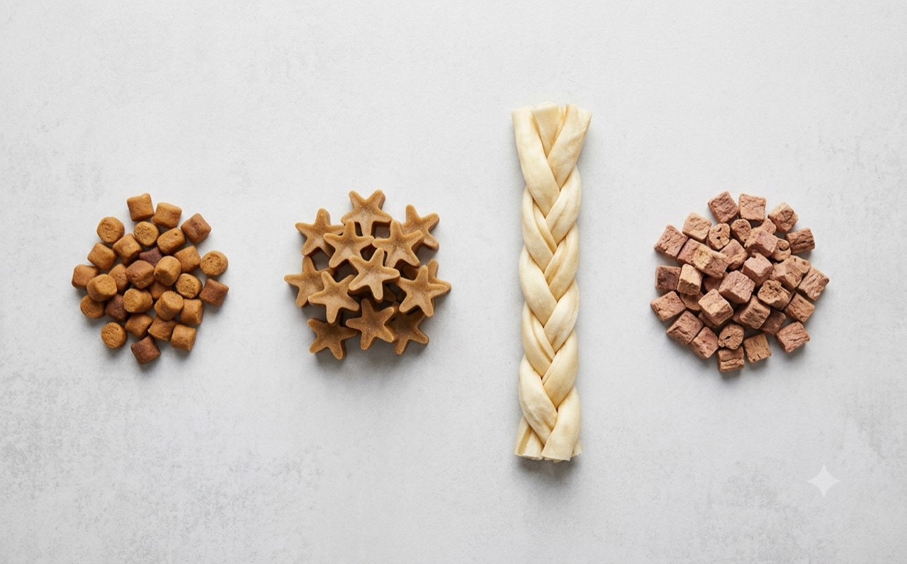Different dog treat types — training treats, dental chews, long-lasting chews and freeze-dried pieces
