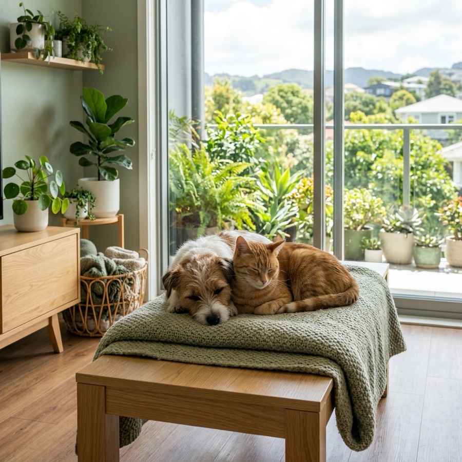 A small dog and a cat resting together on a green cushion in a bright modern apartment with plants
