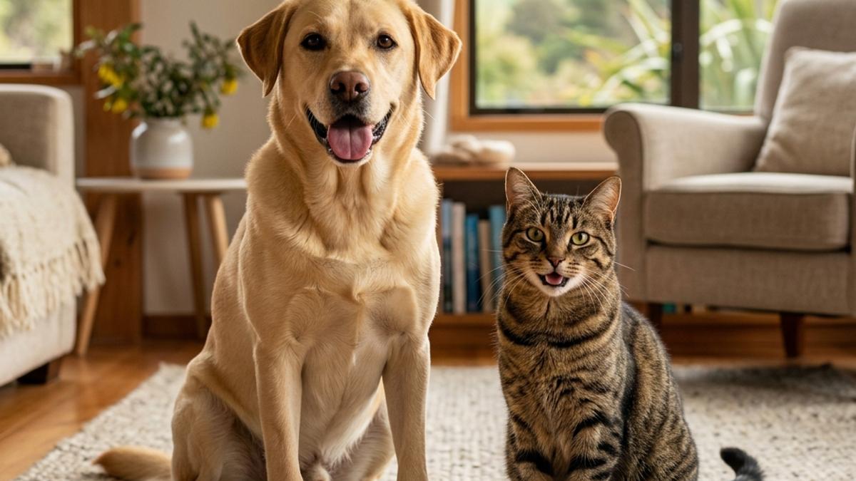 A happy dog and a happy cat side by side inside a New Zealand home