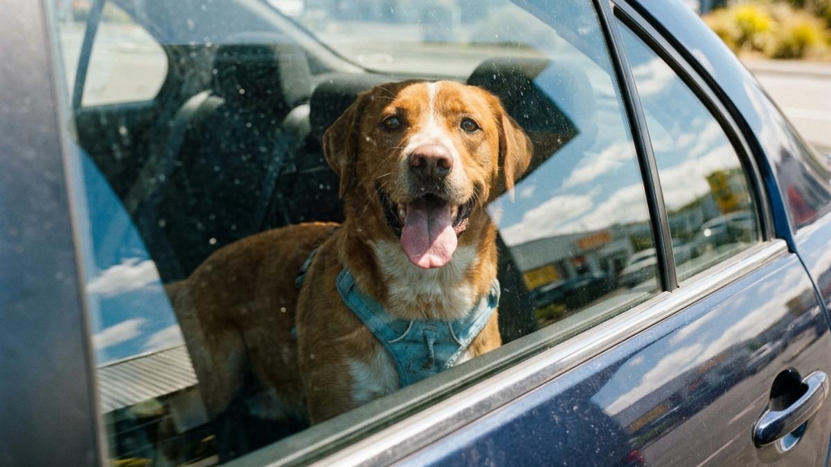 A panting dog trapped inside a parked car with windows closed on a hot sunny day in New Zealand