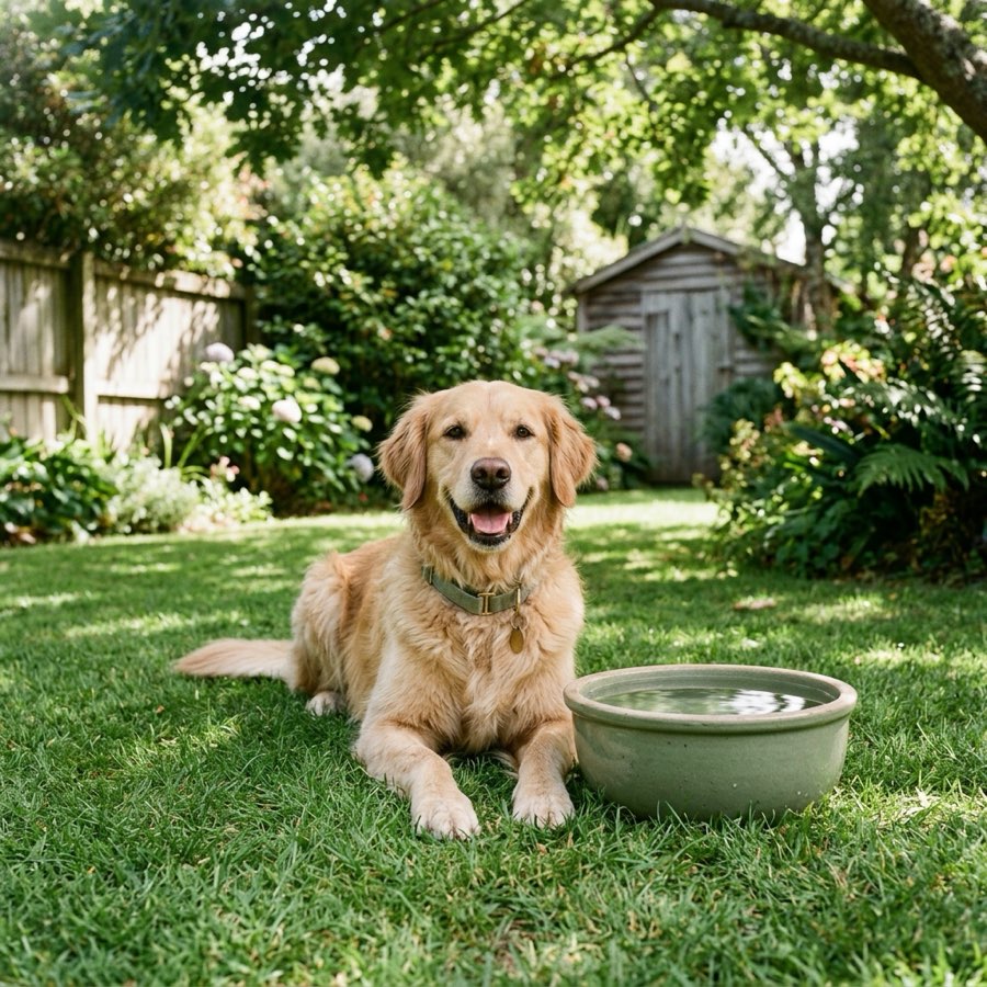 A happy dog resting on shady green grass next to a large bowl of fresh water in a New Zealand backyard
