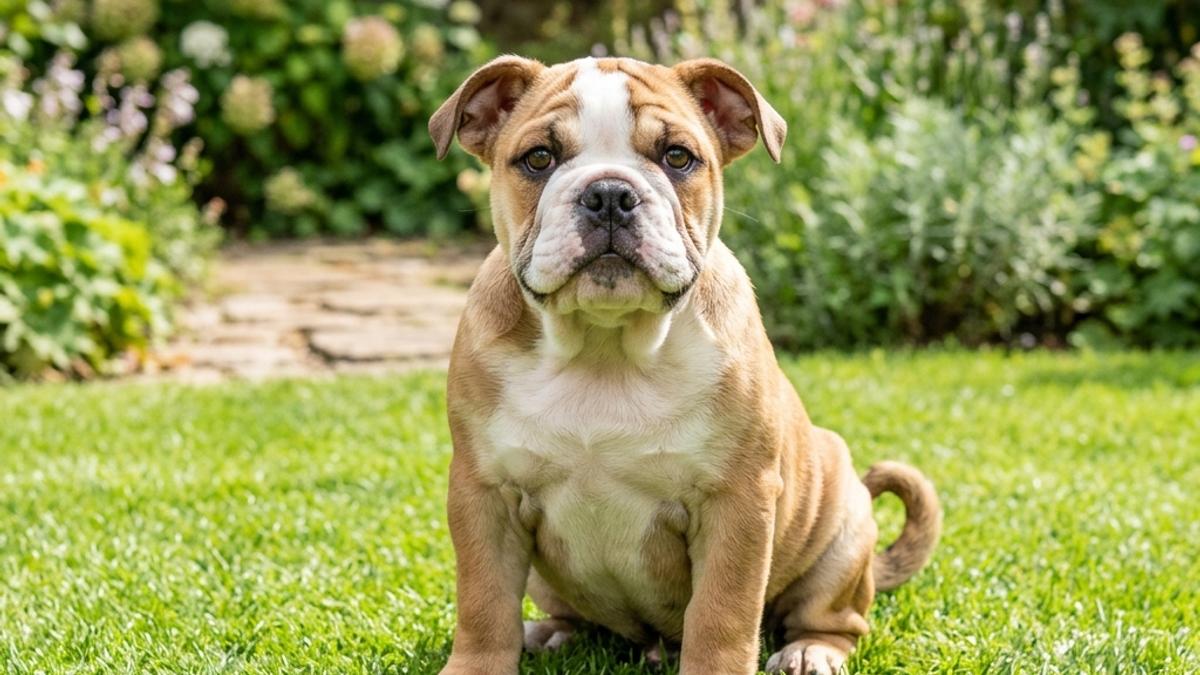 A healthy, registered English Bulldog puppy sitting on green grass in a sunny backyard garden